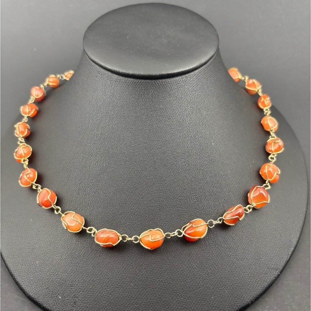 Wire Wrapped Orange/Red Carnelian Agate Tumbled Stone 26" Necklace - Vintage